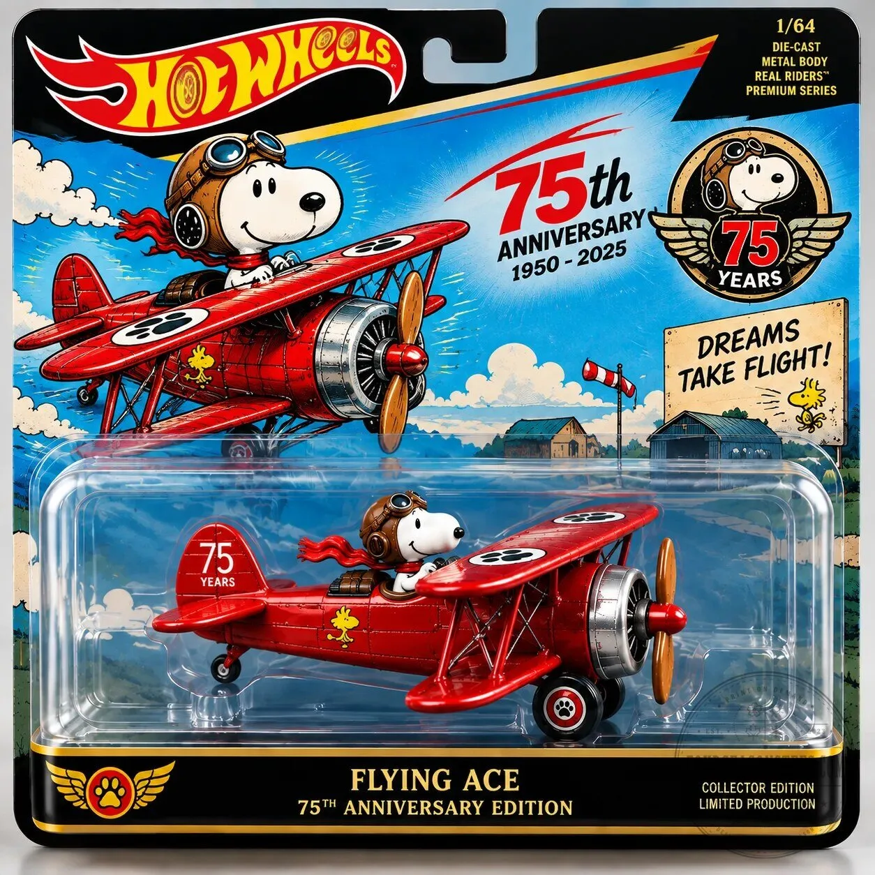Snoopy Flying Ace 75th Anniversary Hot Wheels Die-Cast Metal Body Collectible Car