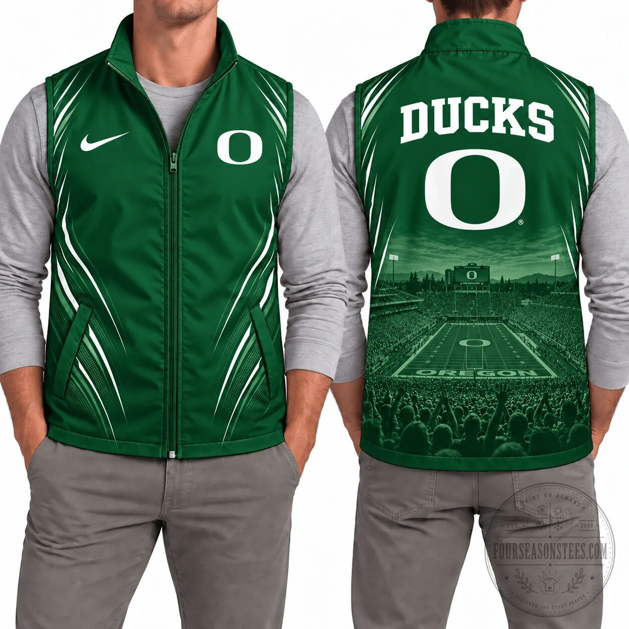 Oregon Ducks Football Team Green Full Zip Padded Vest