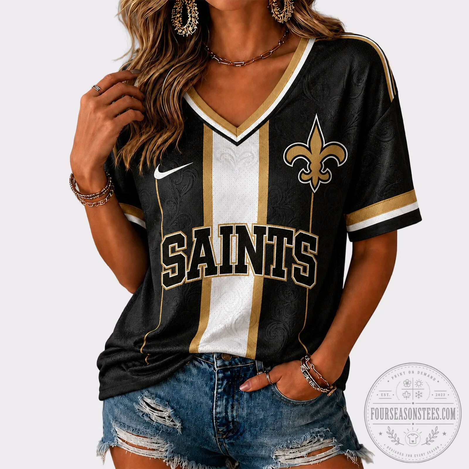 New Orleans Saints Black Gold White Striped Football Team Fan Jersey