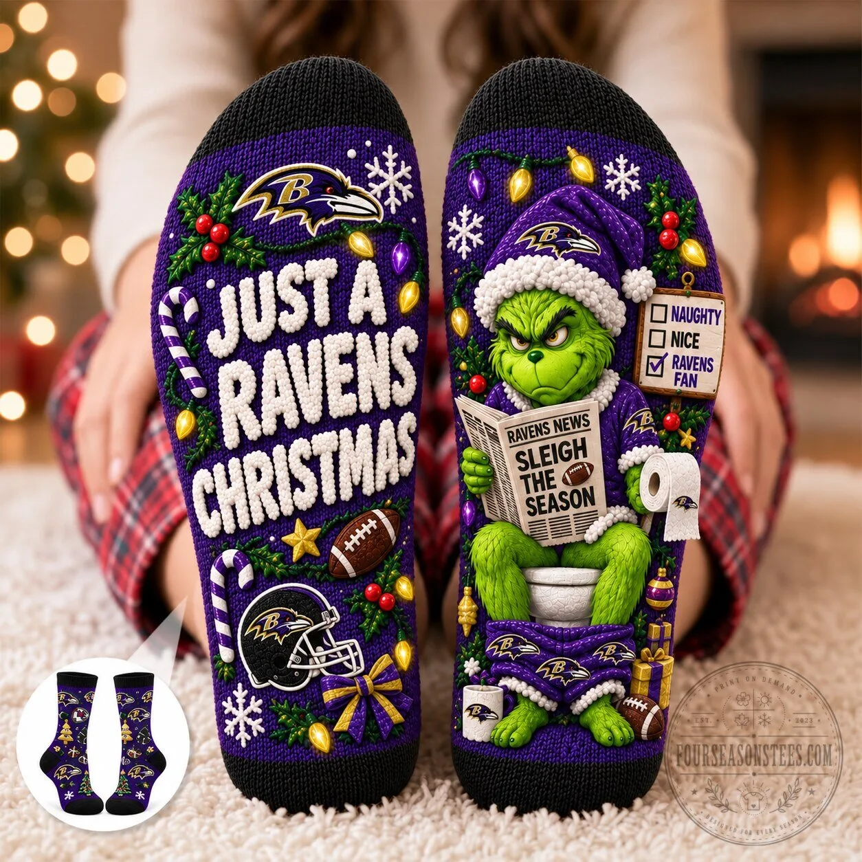 Baltimore Ravens Grinch Just A Ravens Christmas Funny Holiday Socks
