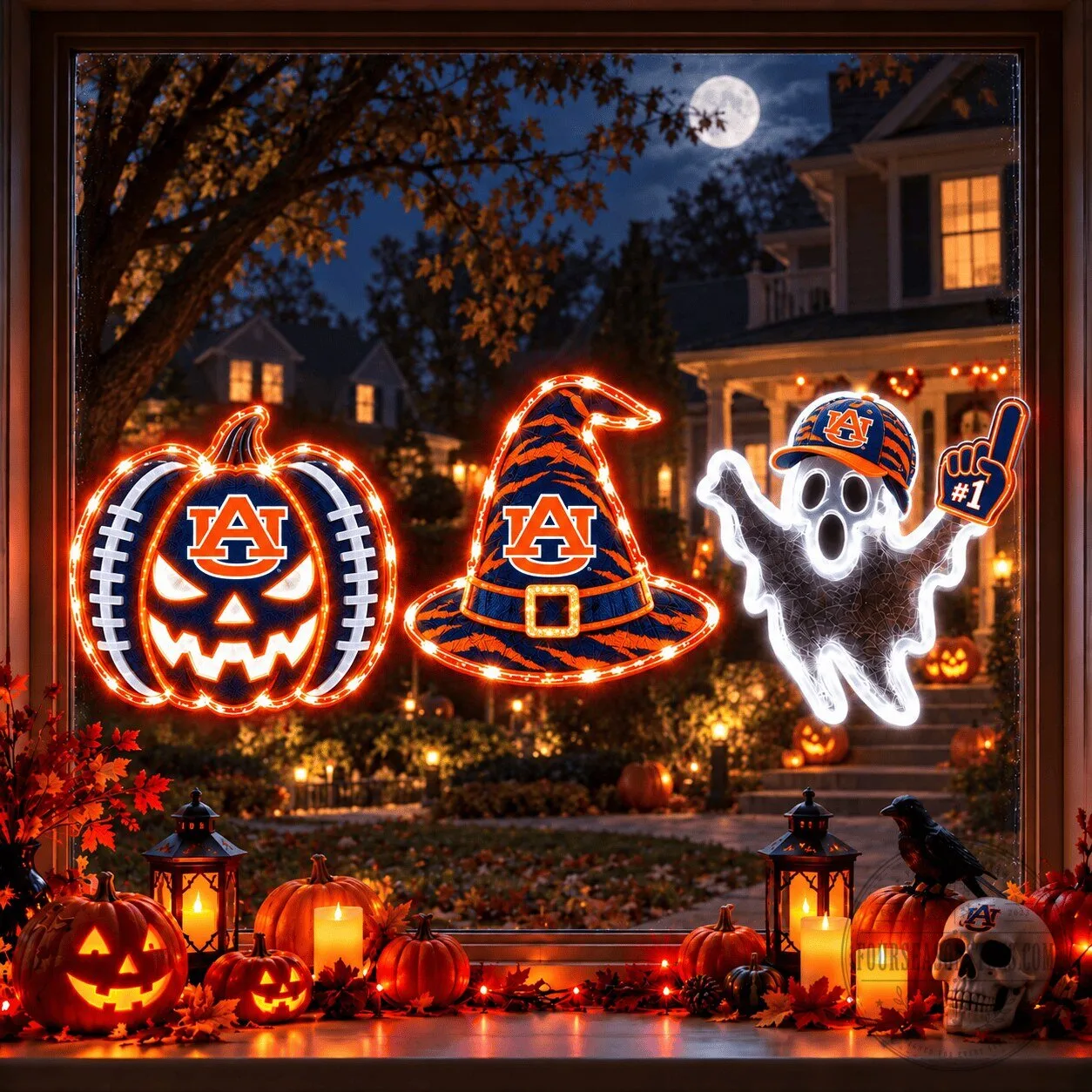 Auburn Tigers Halloween Pumpkin Witch Hat Ghost Window Light Set