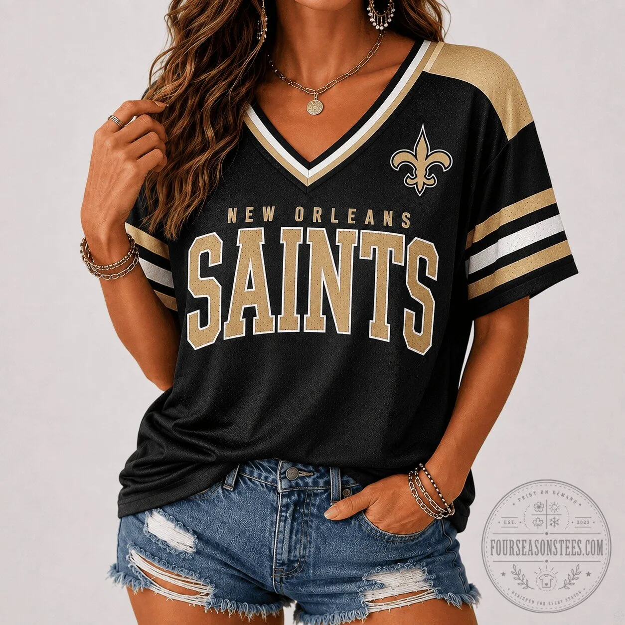 New Orleans Saints NFL Football Team Black and Gold V-Neck Game Day Jersey for Women