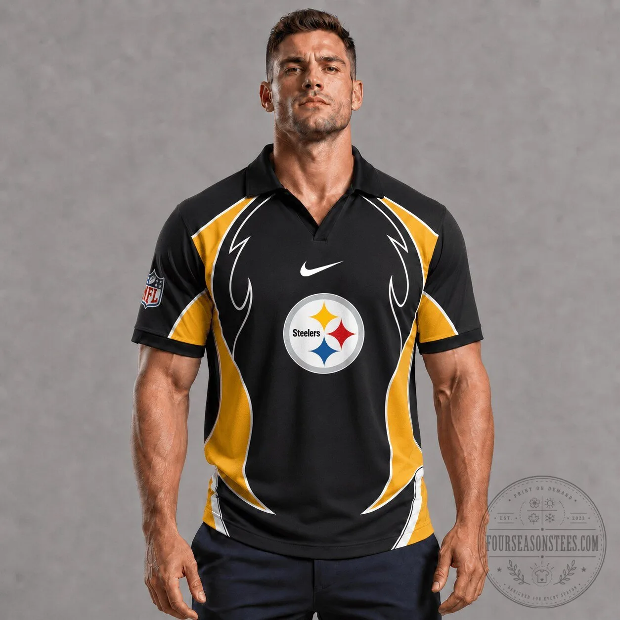 Pittsburgh Steelers NFL Black Gold White Nike Style Custom Polo Shirt 1 Pittsburgh Steelers NFL Black Gold White Nike Style Custom Polo Shirt