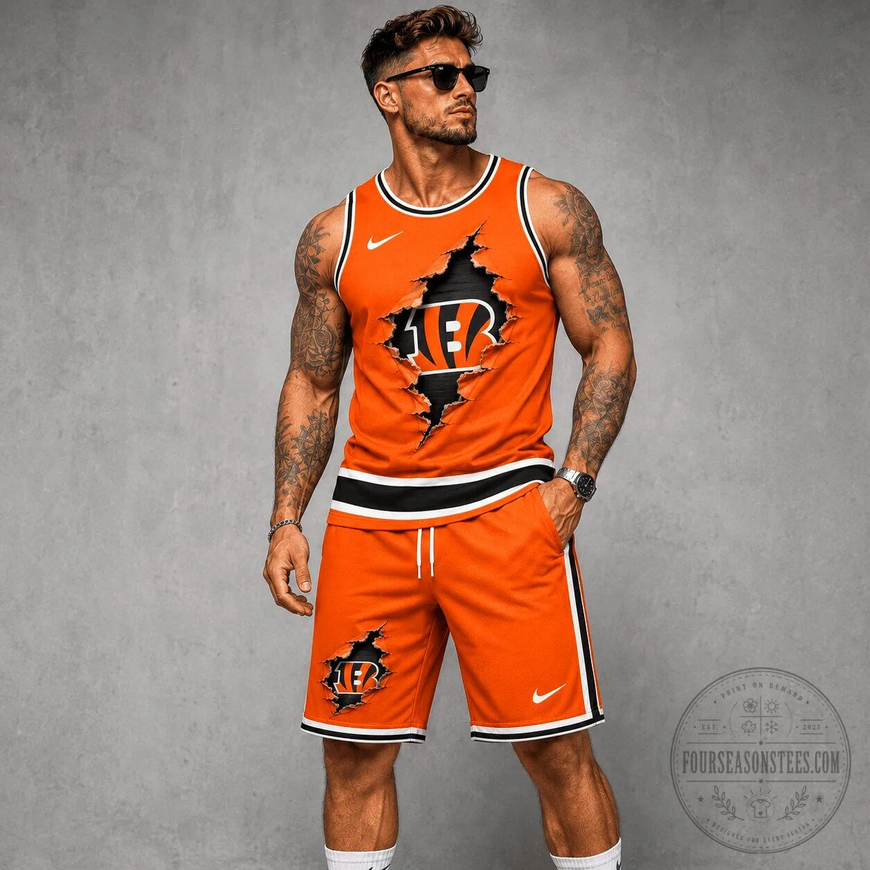 Cincinnati Bengals Orange and Black Distressed Logo Tank Top