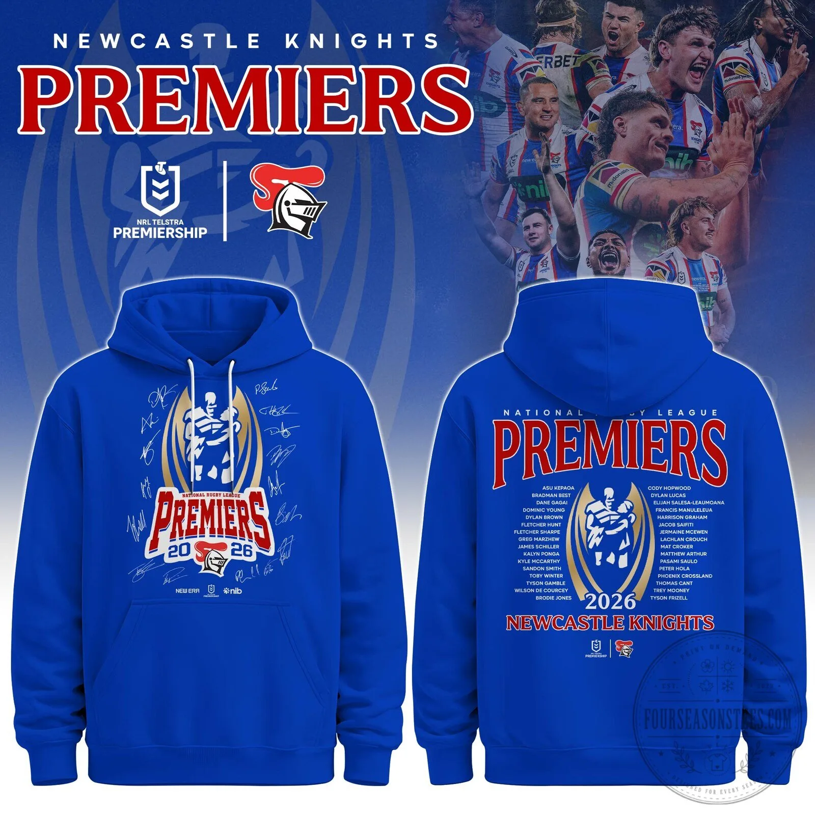 Newcastle Knights 2026 NRL Premiers Commemorative Blue Hoodie