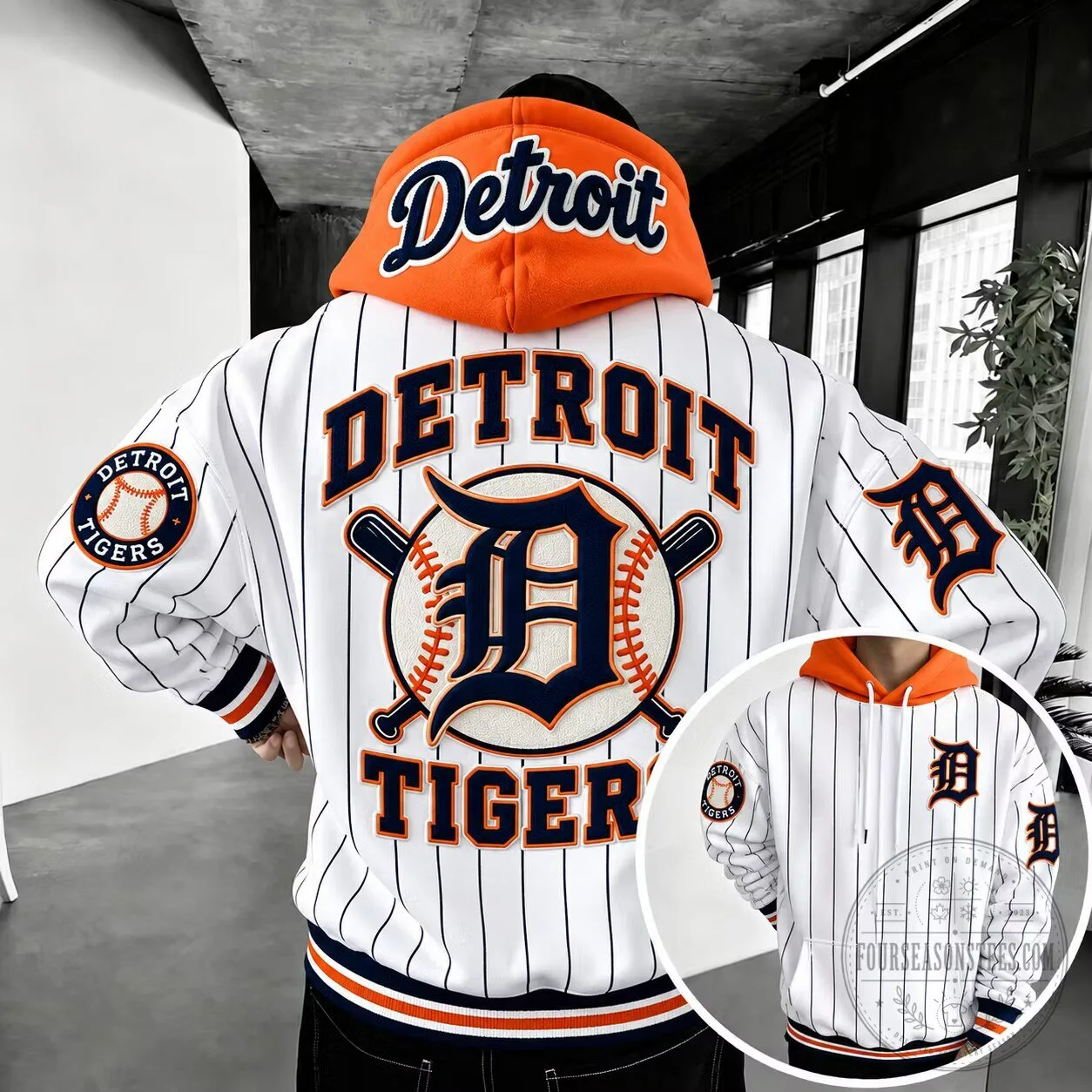 Detroit Tigers Baseball Striped Orange Hooded Sweatshirt