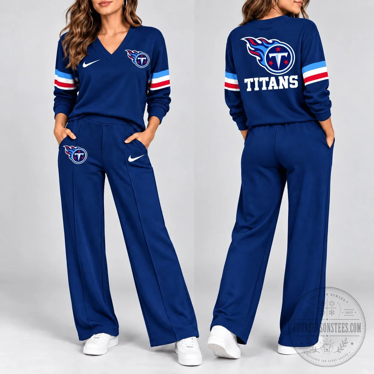 Tennessee Titans Women's Navy Blue V-Neck Long Sleeve Shirt and Pants Set