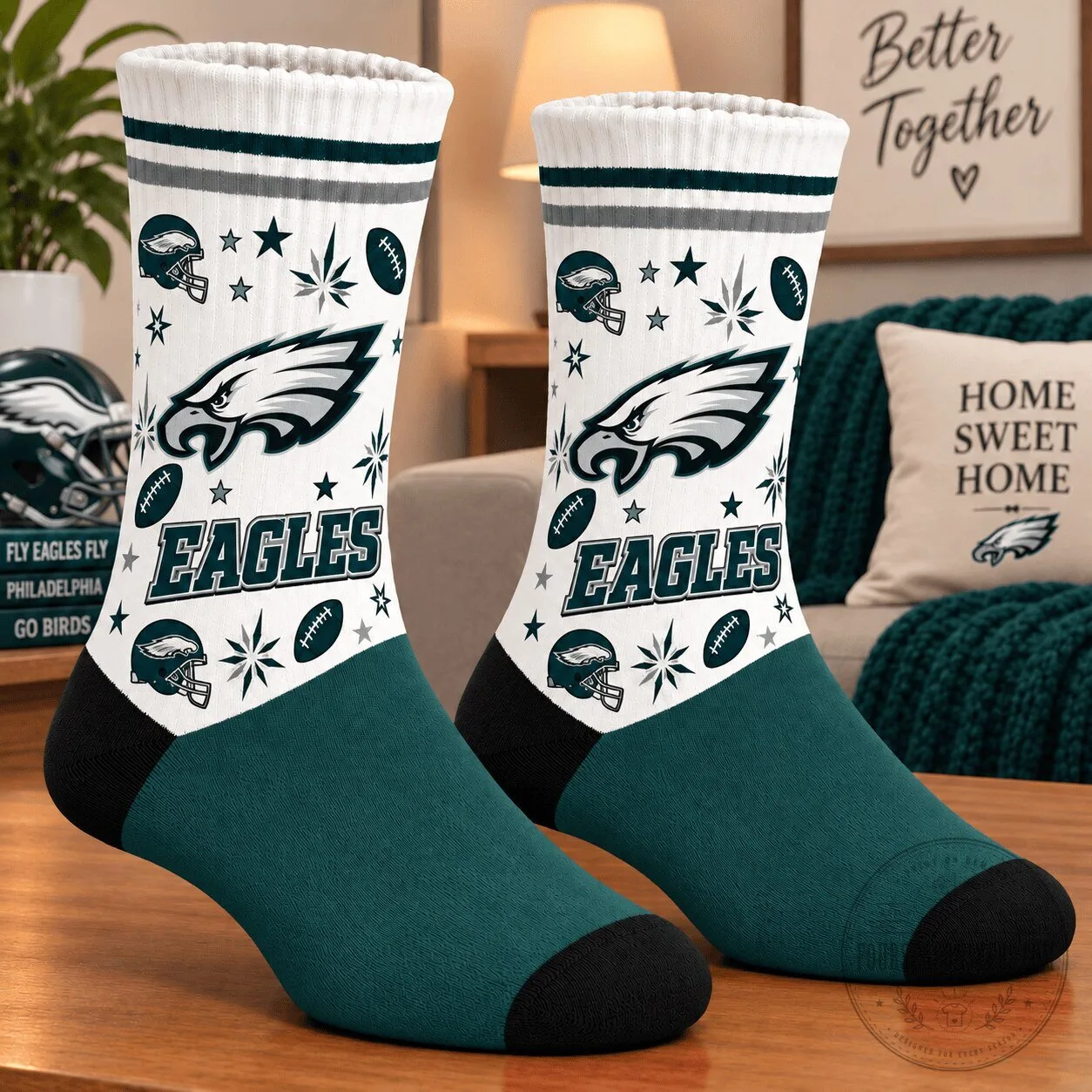 Philadelphia Eagles Fan Football Team White and Green Crew Socks
