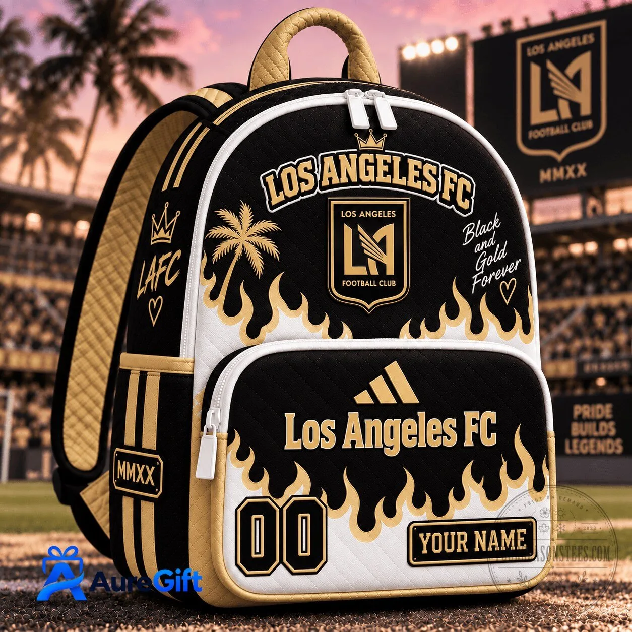 Los Angeles Football Club Personalized Black and Gold Quilted Backpack
