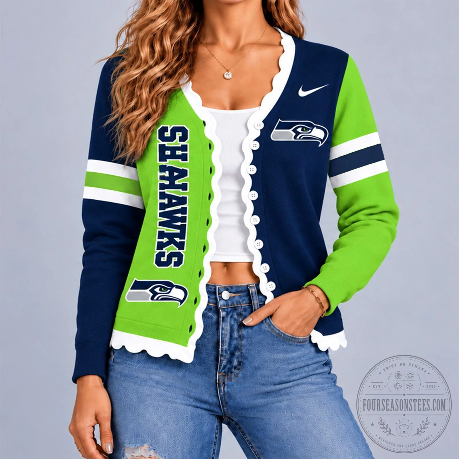 Seattle Seahawks Women's Scalloped Cardigan Sweater