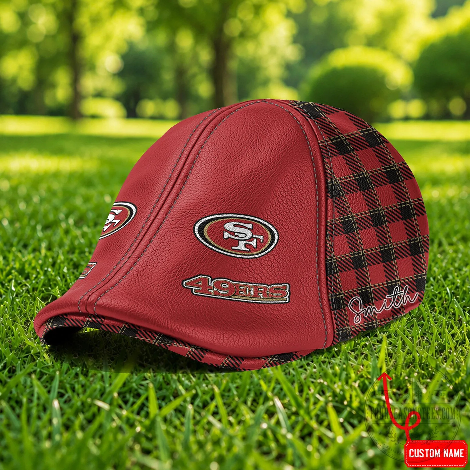 San Francisco 49ers NFL Custom Name Red Plaid Flat Cap
