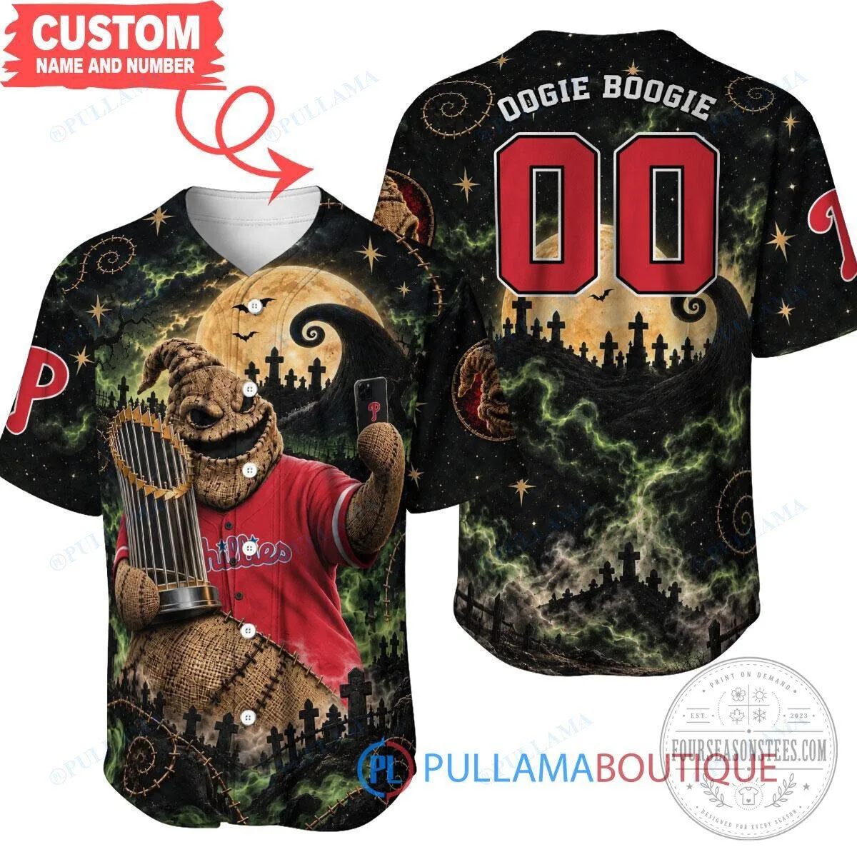 Oogie Boogie Philadelphia Phillies World Series Baseball Jersey 2 Oogie Boogie Philadelphia Phillies World Series Baseball Jersey