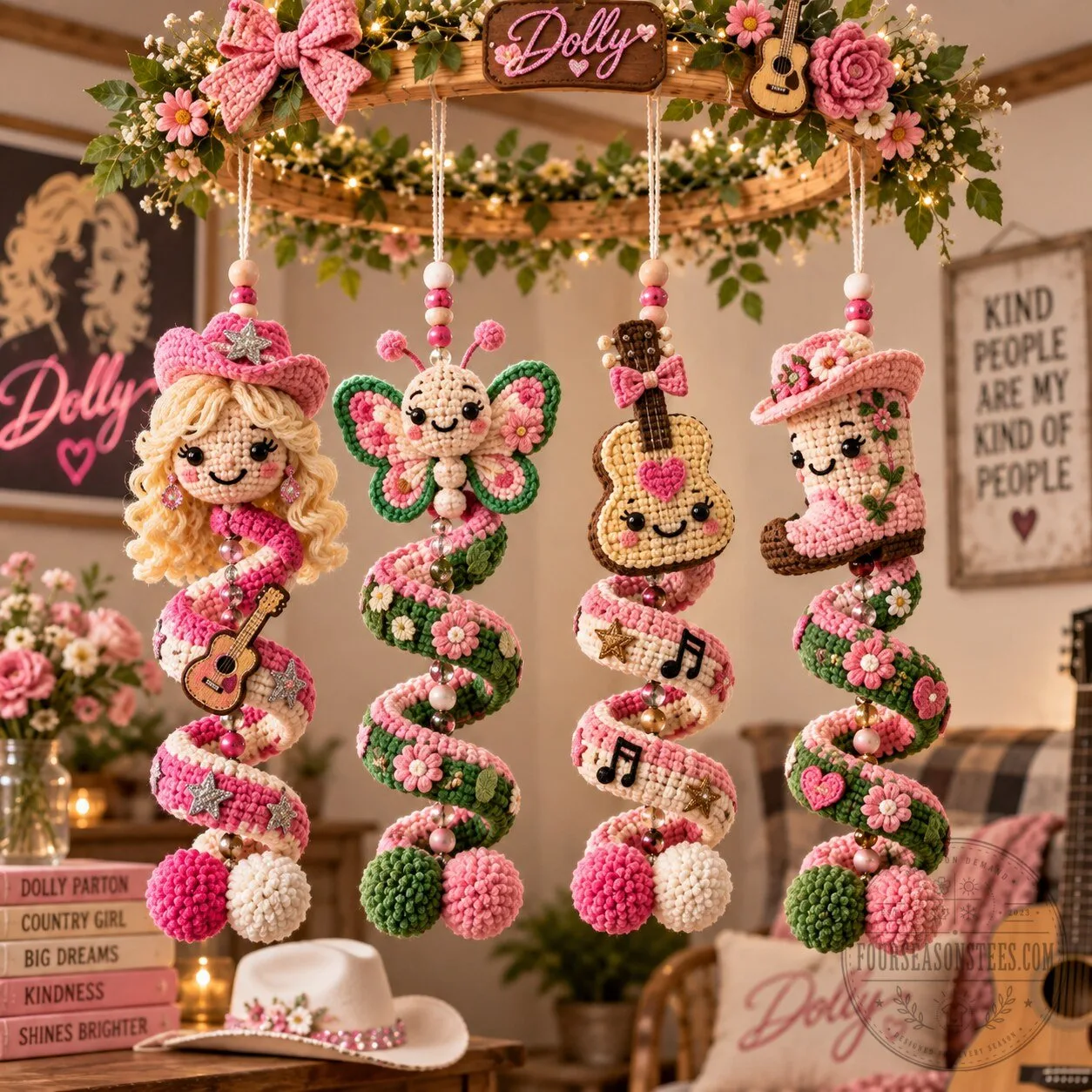 Dolly Parton Crochet Musical Mobile with Guitar and Cowboy Boot Charms