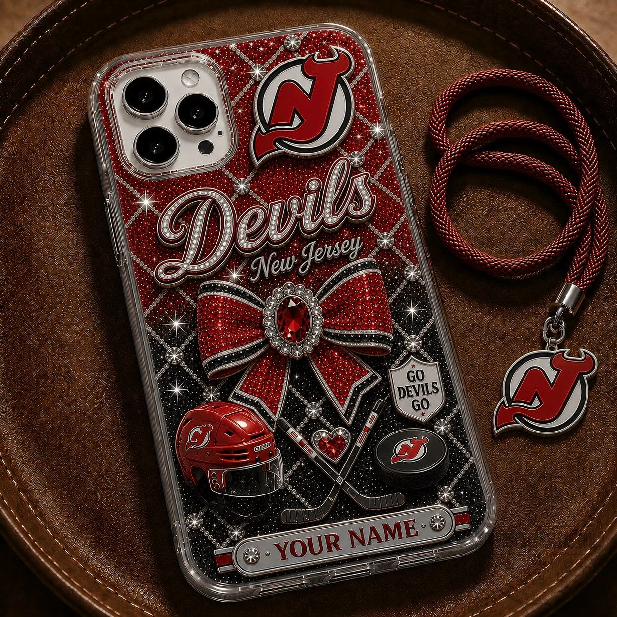 New Jersey Devils Bling Rhinestone Phone Case with Lanyard and Custom Name