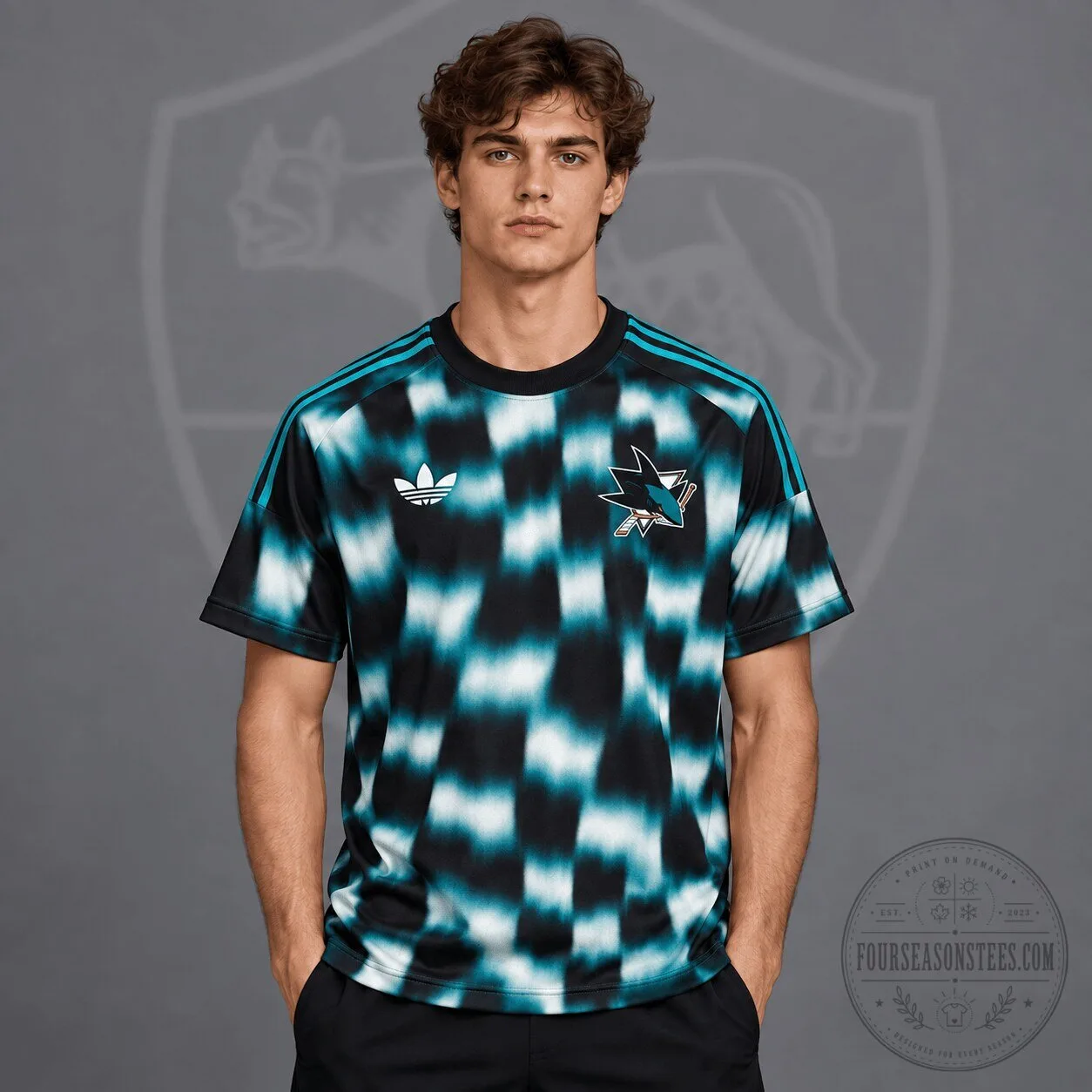 San Jose Sharks Adidas Blurred Checkered Streetwear Hockey Jersey