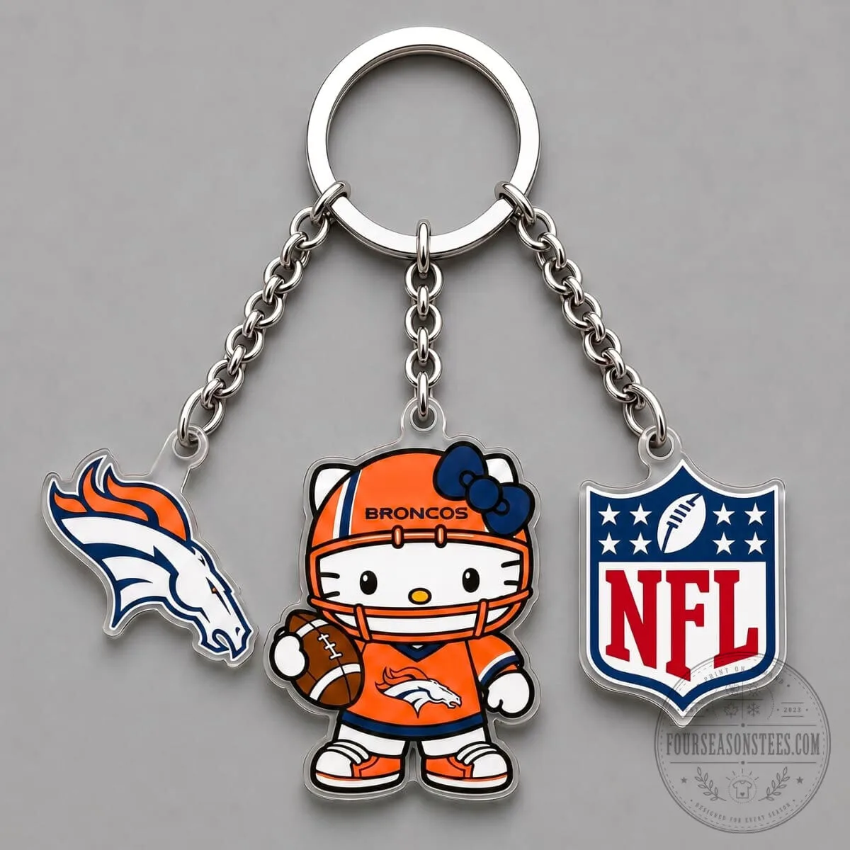 Denver Broncos Hello Kitty Football Team Triple Charm Keychain 1 Denver Broncos Hello Kitty Football Team Triple Charm Keychain