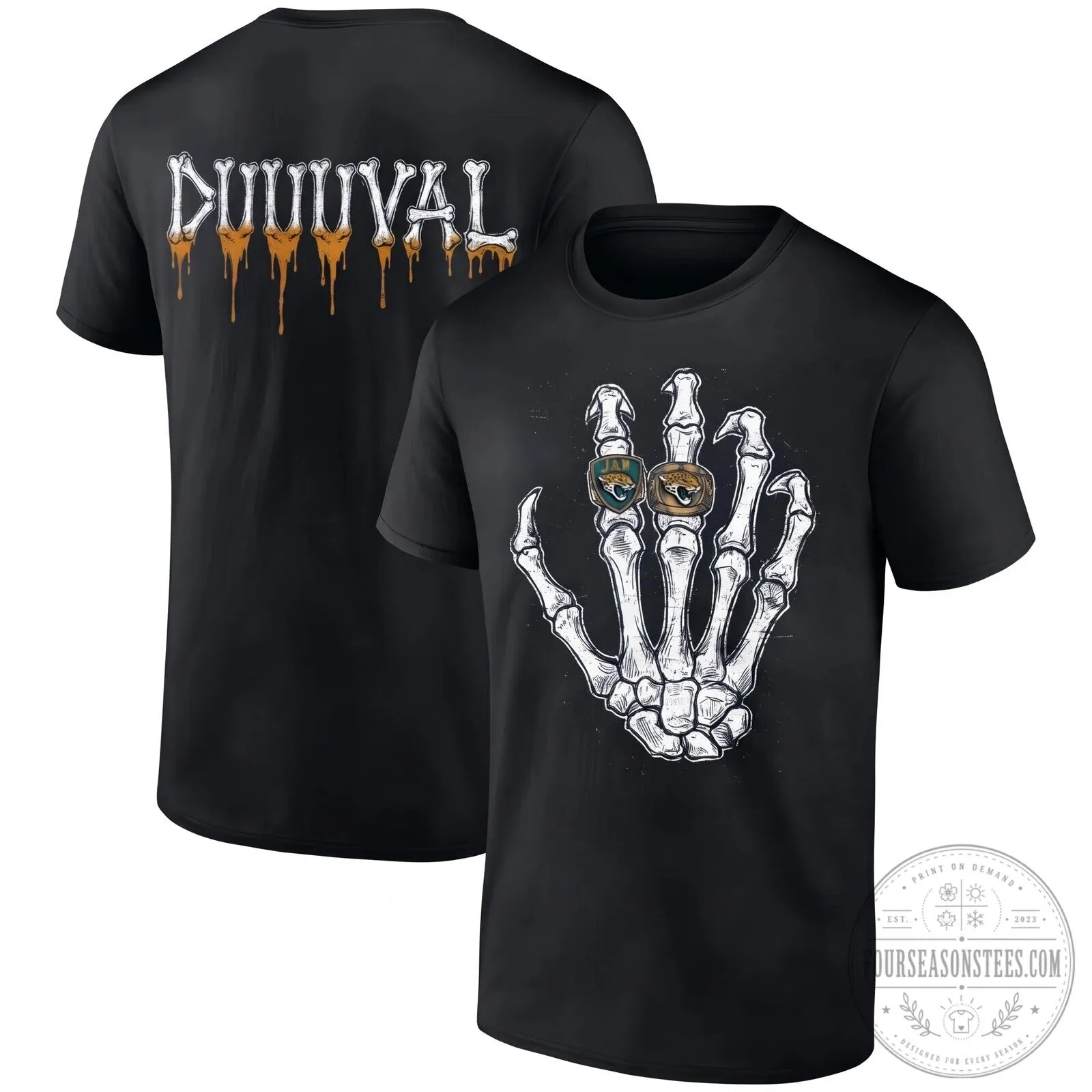 Jacksonville Jaguars Duuuval Halloween Skeleton Hand Football T-Shirt