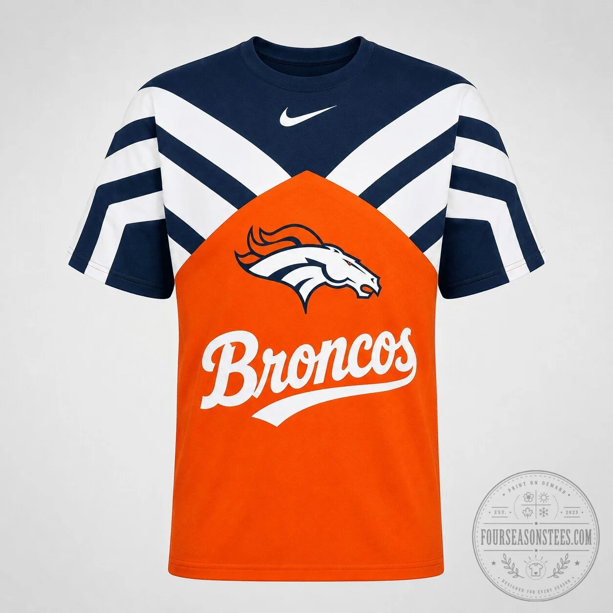 Denver Broncos NFL Football Team Logo Navy Orange White Short Sleeve T-Shirt