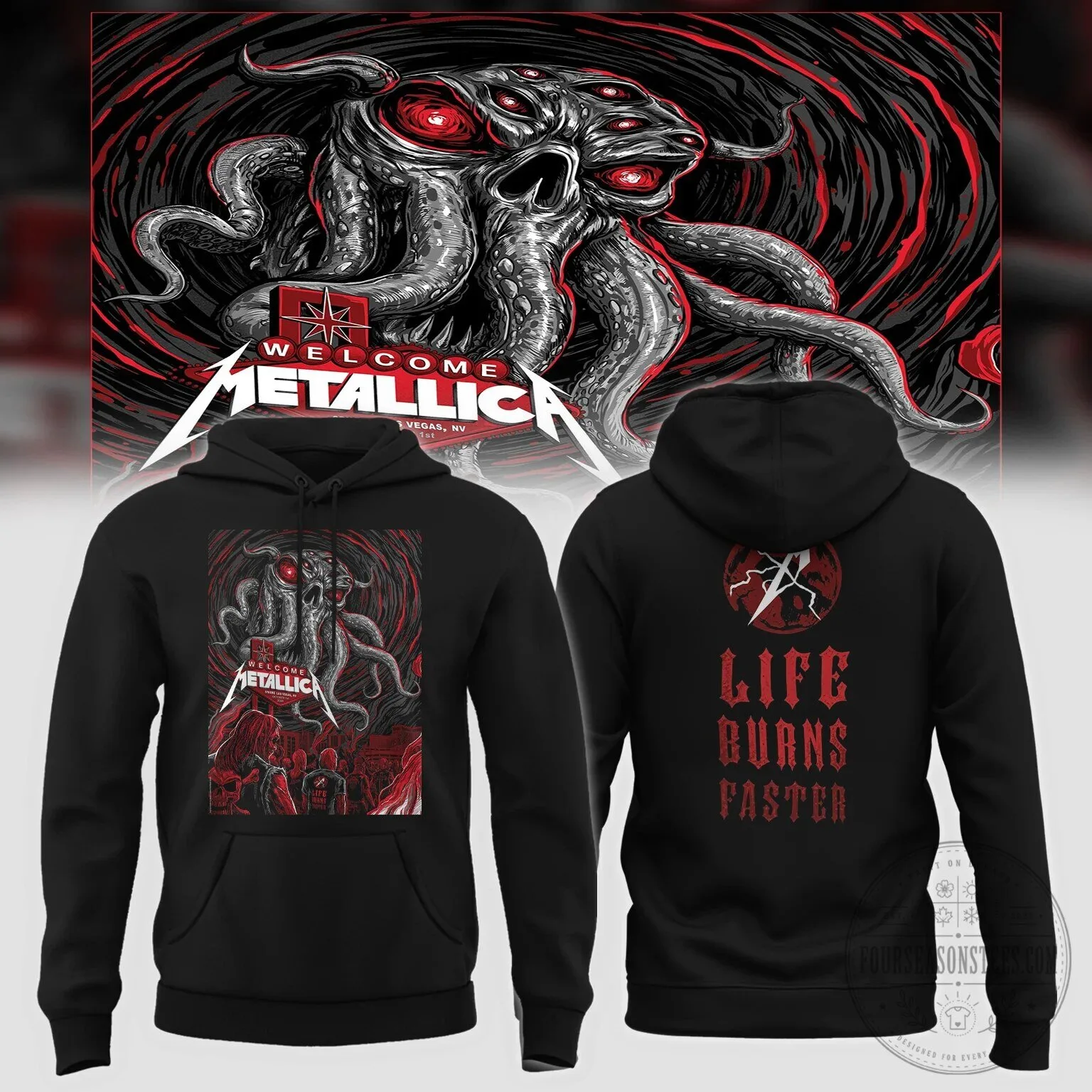 Metallica Life Burns Faster Cthulhu Art Welcome Las Vegas Concert Hoodie