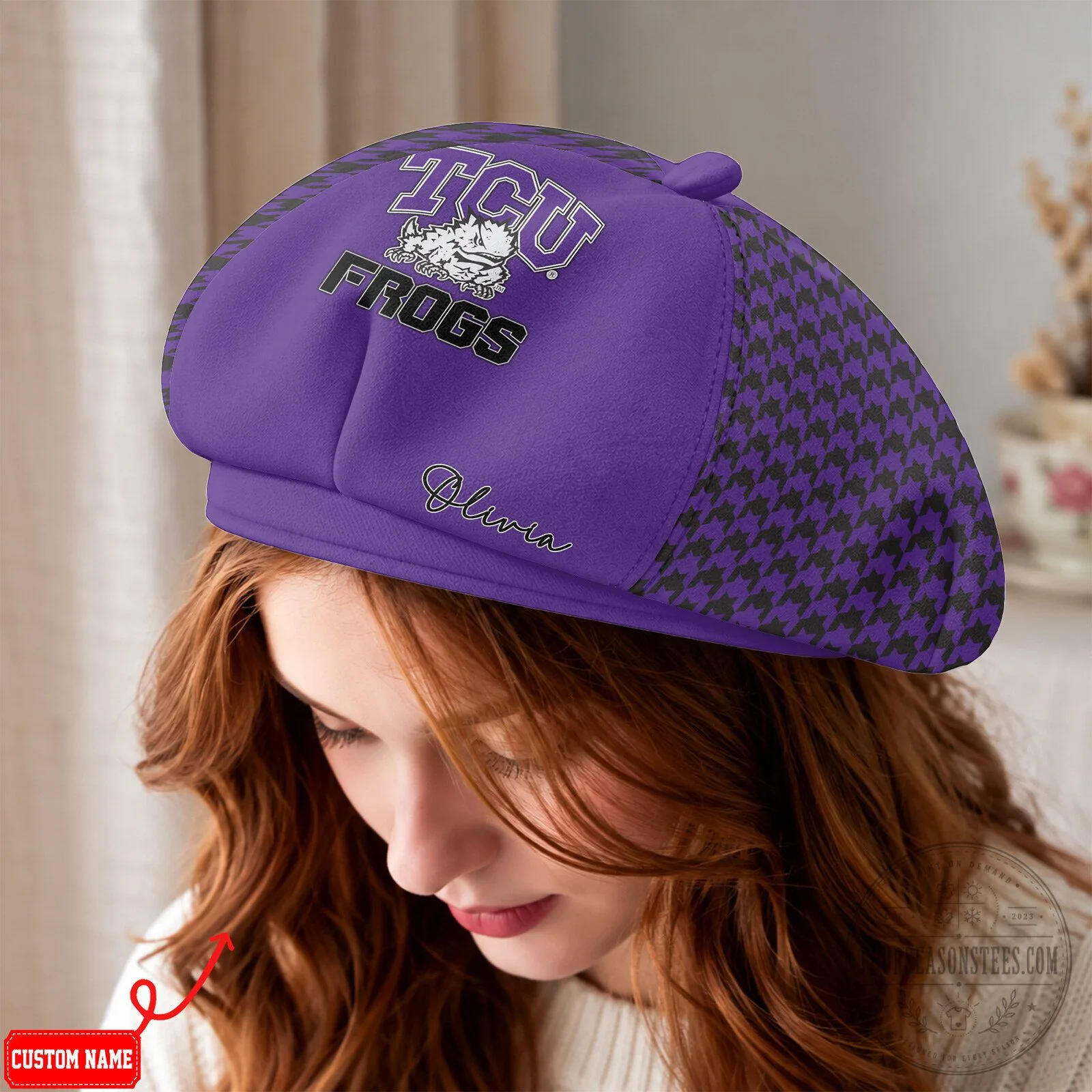 TCU Horned Frogs Personalized Houndstooth Beret Hat