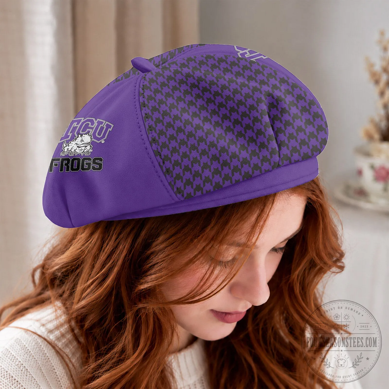 TCU Horned Frogs Personalized Houndstooth Beret Hat 9 TCU Horned Frogs Personalized Houndstooth Beret Hat