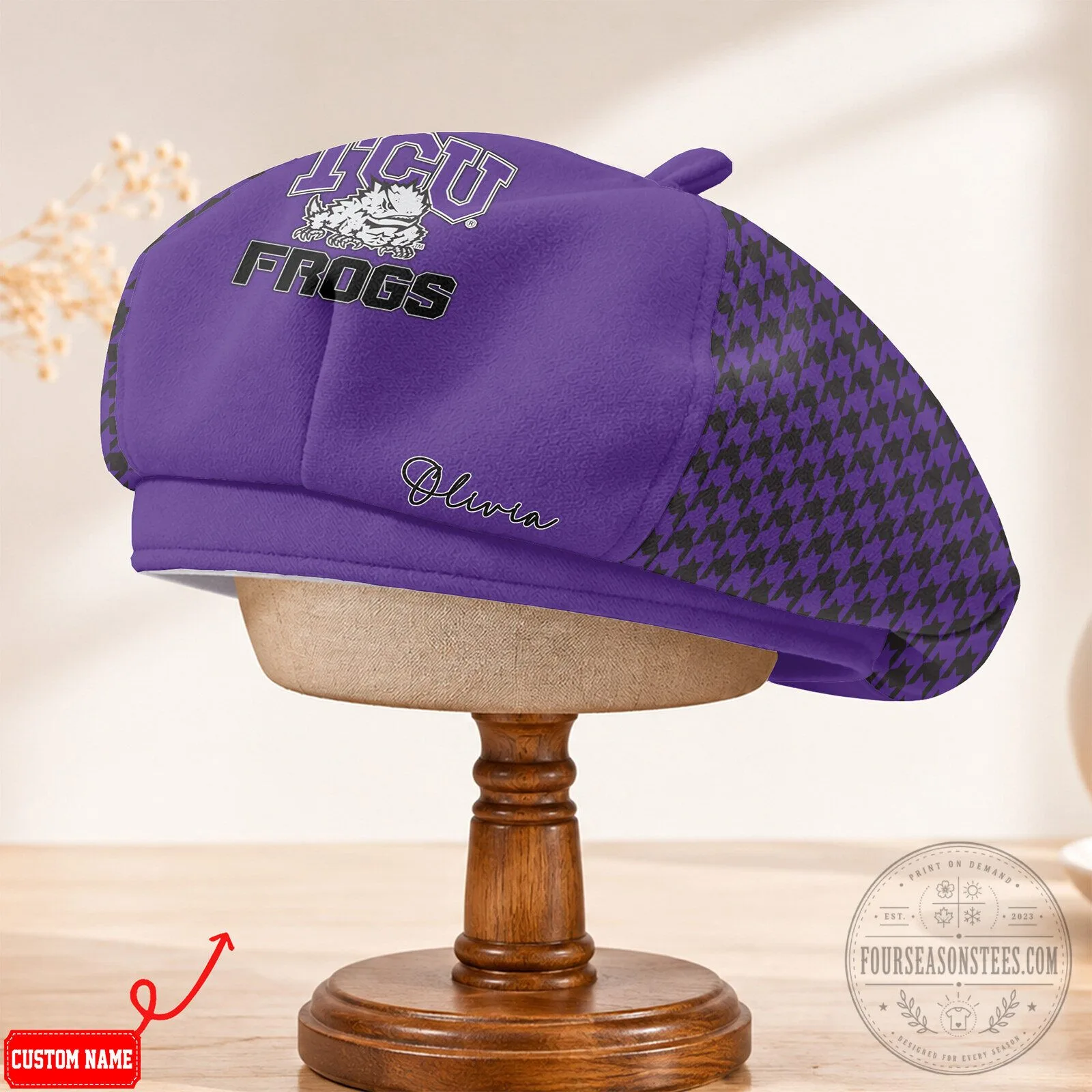 TCU Horned Frogs Personalized Houndstooth Beret Hat 11 TCU Horned Frogs Personalized Houndstooth Beret Hat