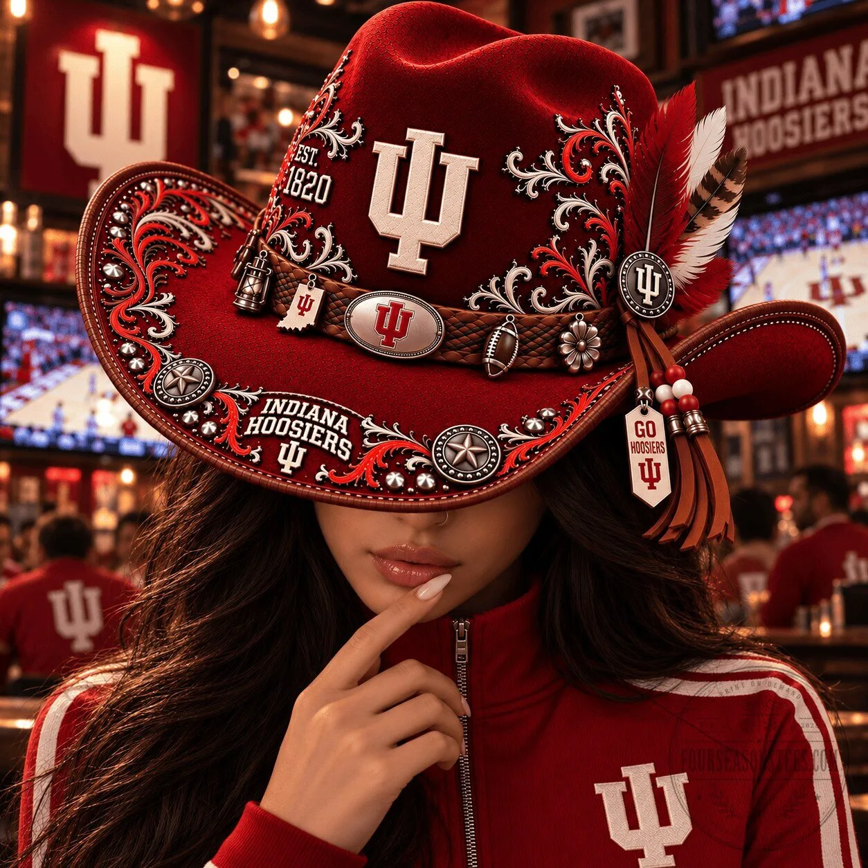 Indiana Hoosiers Red Cowboy Hat with Feather and Conchos