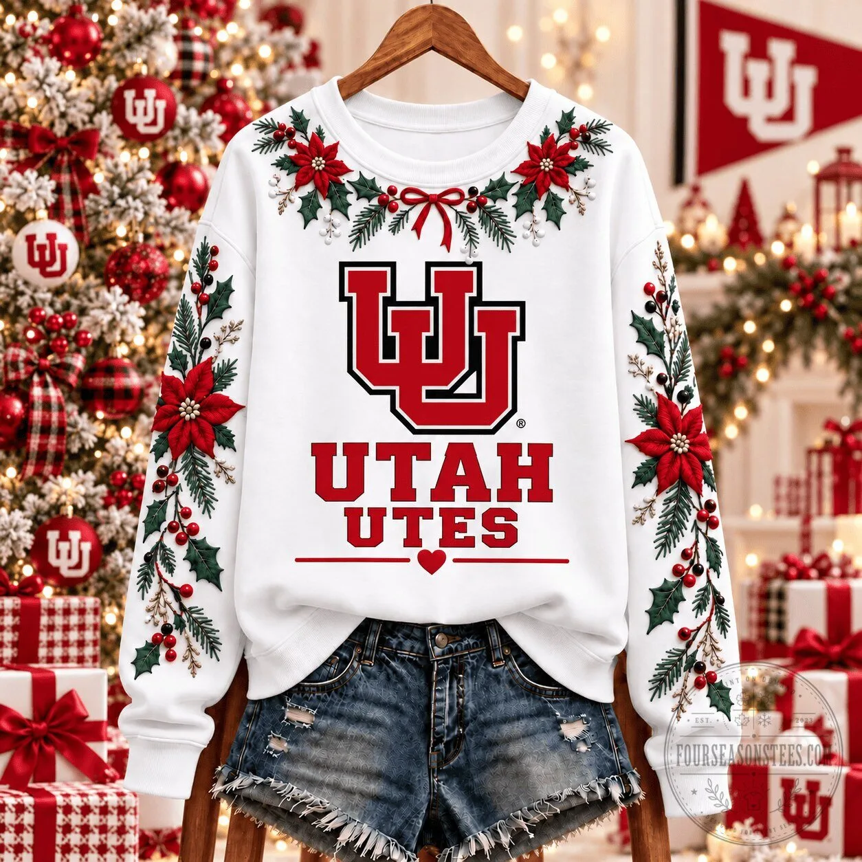 Utah Utes Christmas Floral Team Spirit Sweatshirt 2 Utah Utes Christmas Floral Team Spirit Sweatshirt