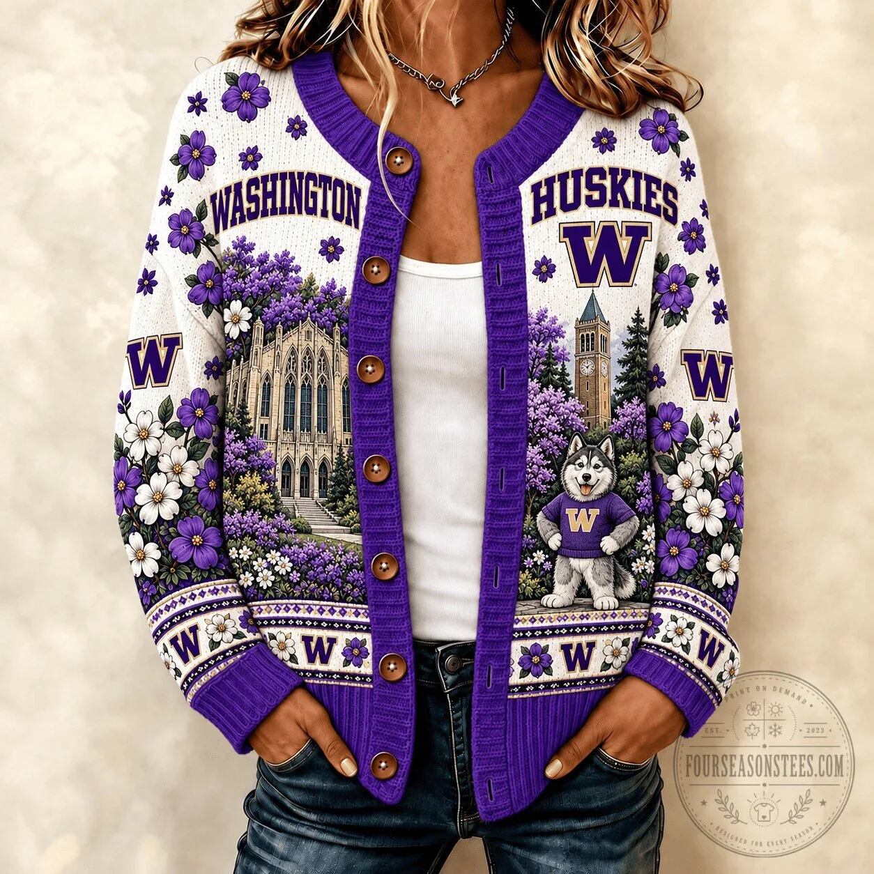Washington Huskies Floral Cardigan Sweater