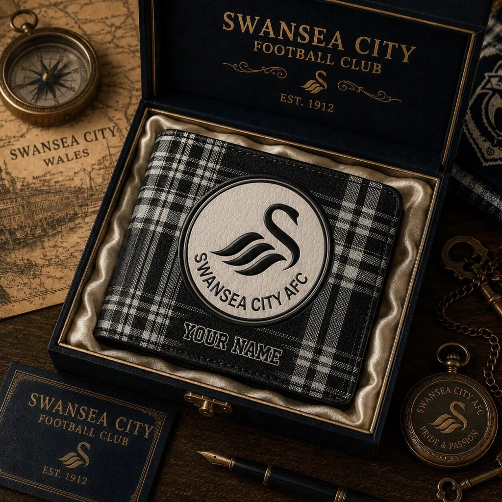 Swansea City Football Club Plaid Bi-Fold Wallet with Custom Name Engraving Swansea City Football Club Plaid Bi-Fold Wallet with Custom Name Engraving