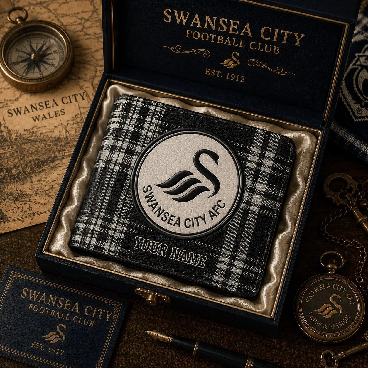 Swansea City Football Club Plaid Bi-Fold Wallet with Custom Name Engraving