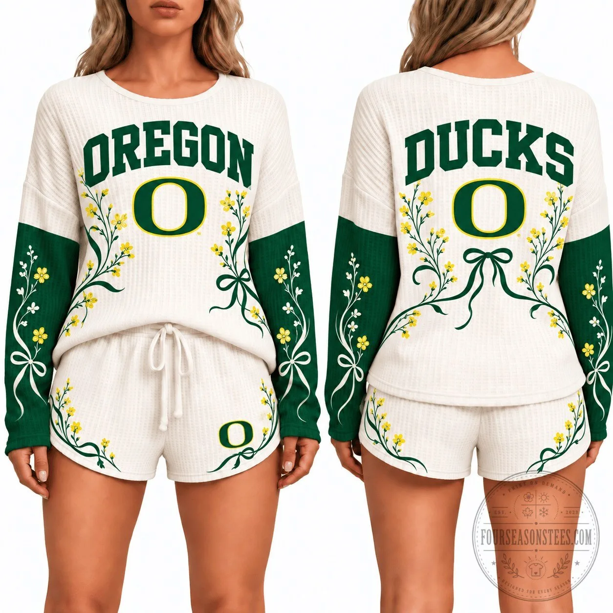 Oregon Ducks Women's Waffle Knit Pajama Set with Floral Print