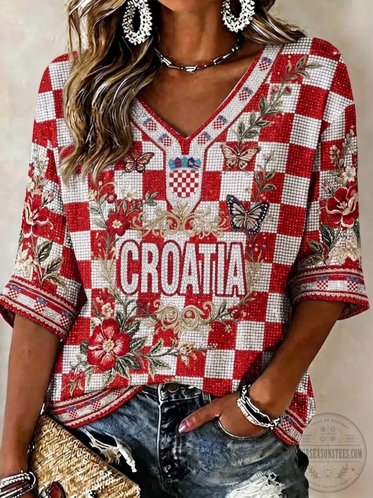 Croatia National Team Checkered Floral Embroidered V-Neck T-Shirt