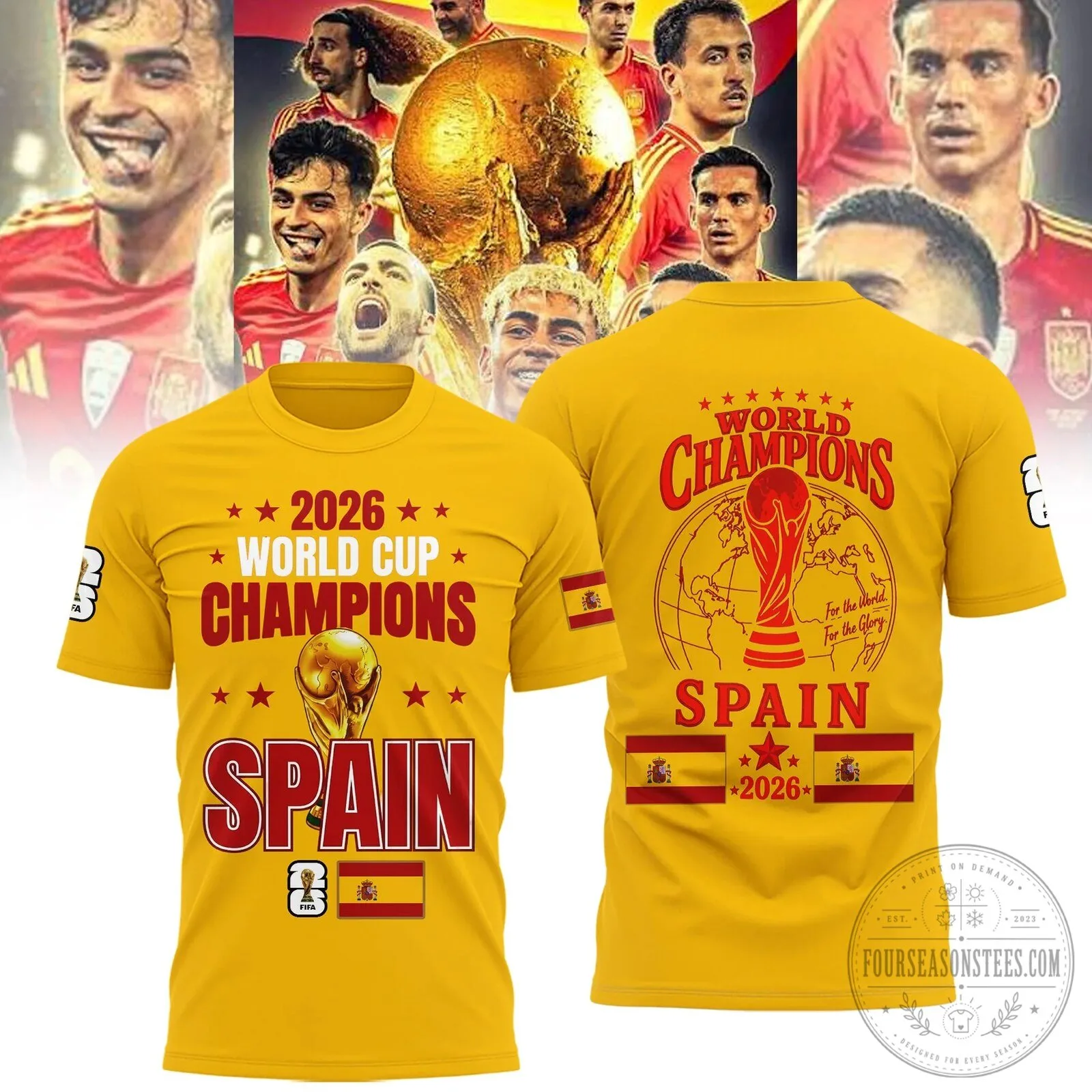 Spain National Football Team 2026 World Cup Champions Yellow T-Shirt