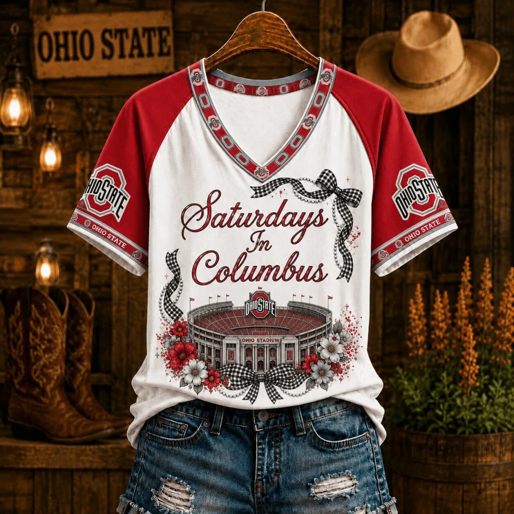 Ohio State Buckeyes Saturdays In Columbus Football Stadium V-Neck T-Shirt Ohio State Buckeyes Saturdays In Columbus Football Stadium V-Neck T-Shirt