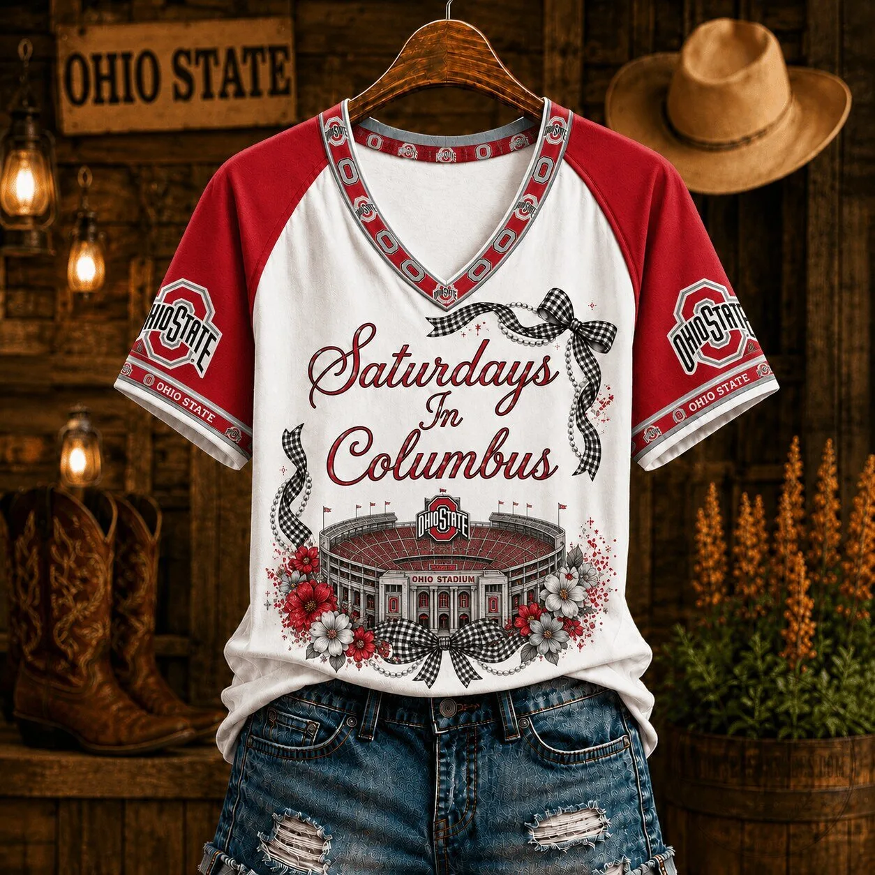 Ohio State Buckeyes Saturdays In Columbus Football Stadium V-Neck T-Shirt