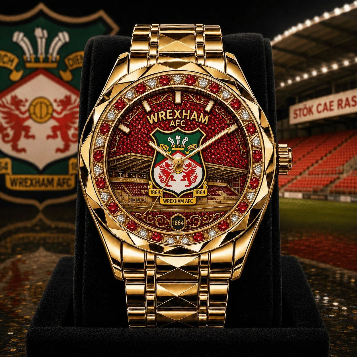 Wrexham AFC EFL Championship Gold Tone Watch with Dragon Crest