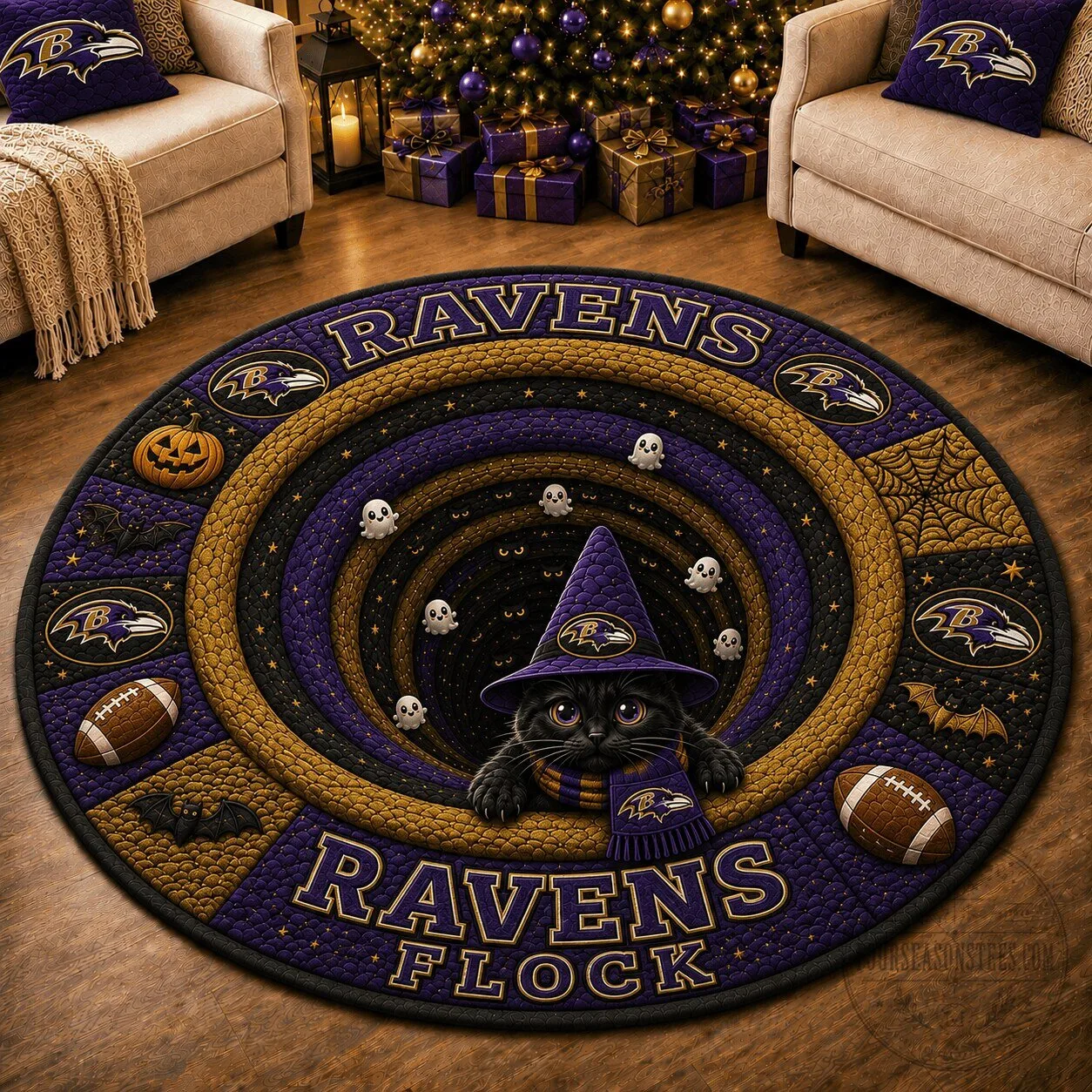 Baltimore Ravens Halloween Black Cat Witch Round Rug