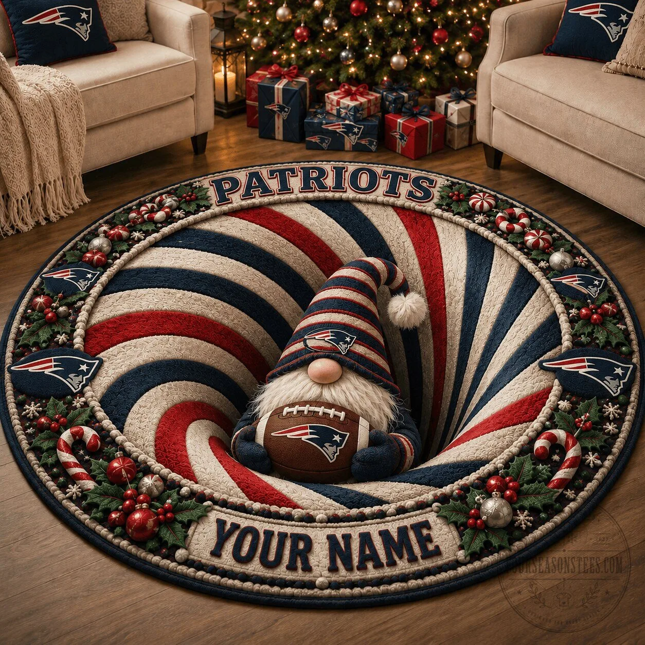 New England Patriots Christmas Gnome Swirl Round Area Rug