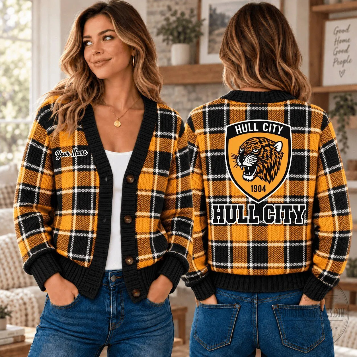 Hull City Tigers English Football Club Plaid Knit Cardigan Sweater 1 Hull City Tigers English Football Club Plaid Knit Cardigan Sweater