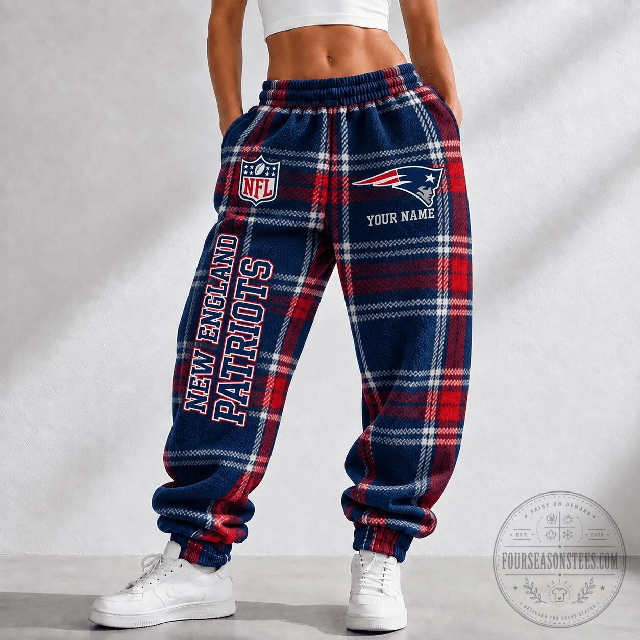 New England Patriots NFL Plaid Custom Name Fleece Sweatpants