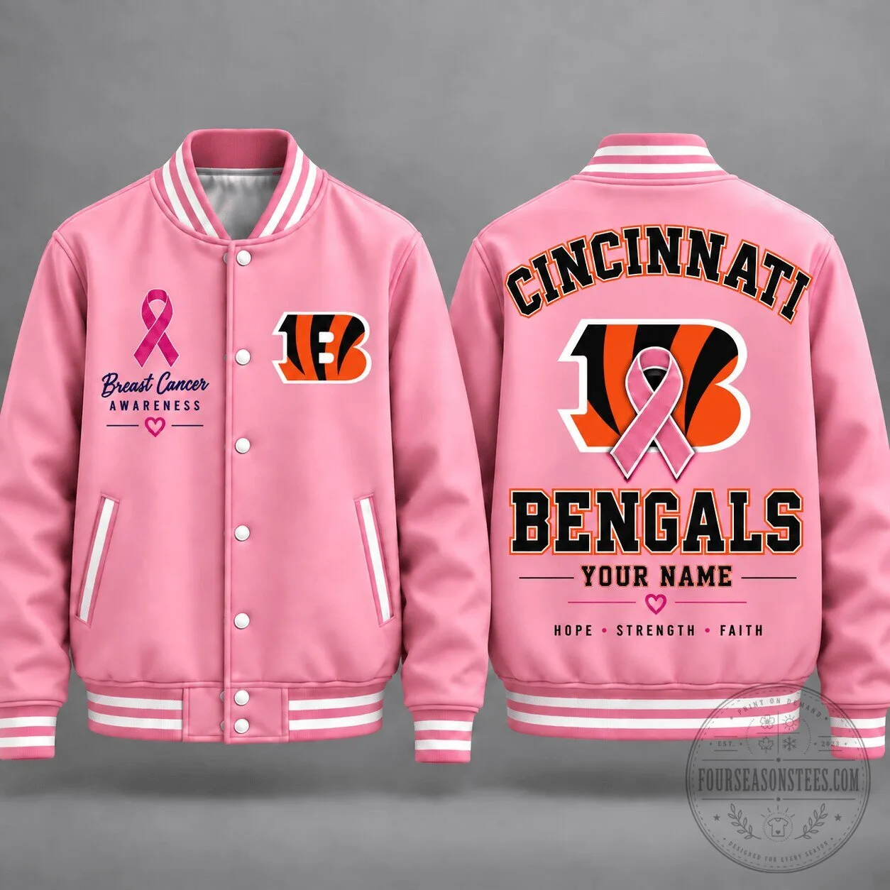 Cincinnati Bengals Breast Cancer Awareness Personalized Varsity Jacket