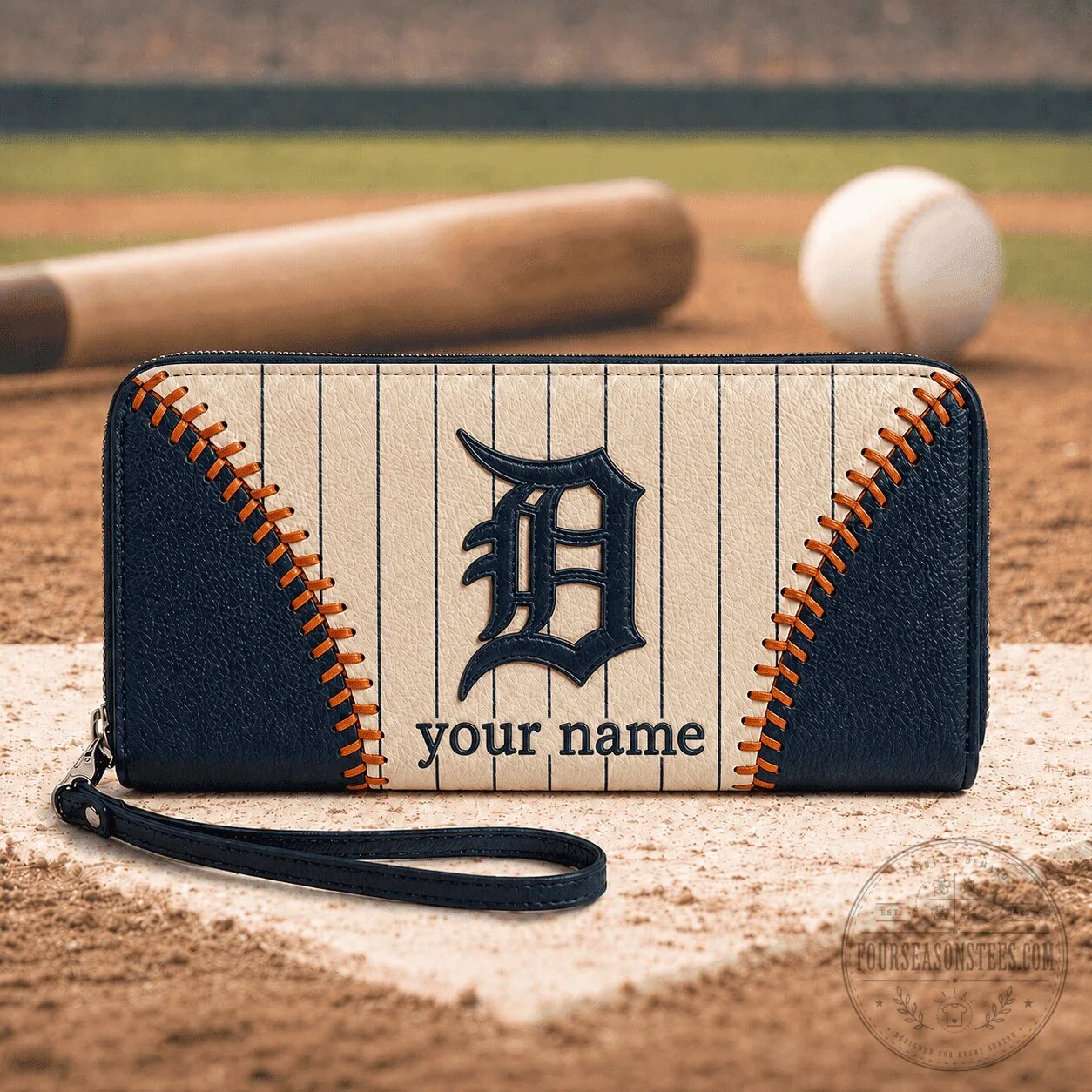 Detroit Tigers Baseball Team Personalized Leather Zipper Long Wallet