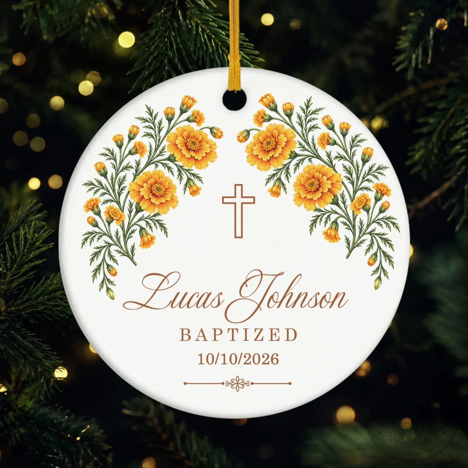 Personalized Baptism Floral Cross Ceramic Ornament for Baby Boy or Girl