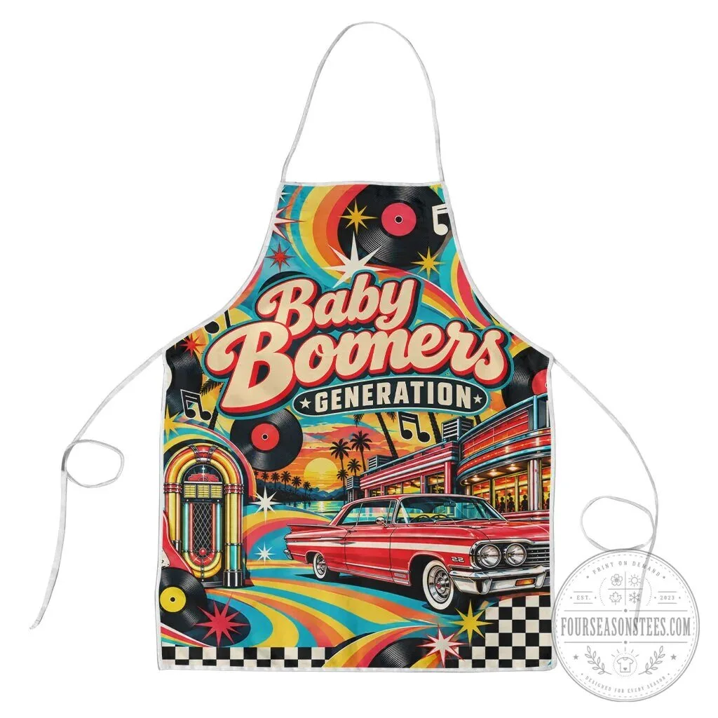 Baby Boomers Generation Vintage Retro Classic Car And Vinyl Records Apron