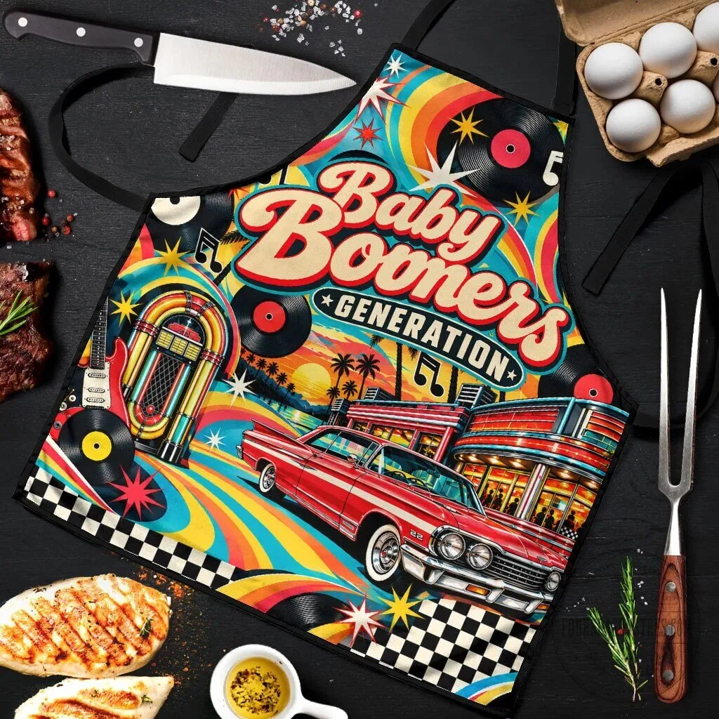Baby Boomers Generation Vintage Retro Classic Car And Vinyl Records Apron – image 2 of 6