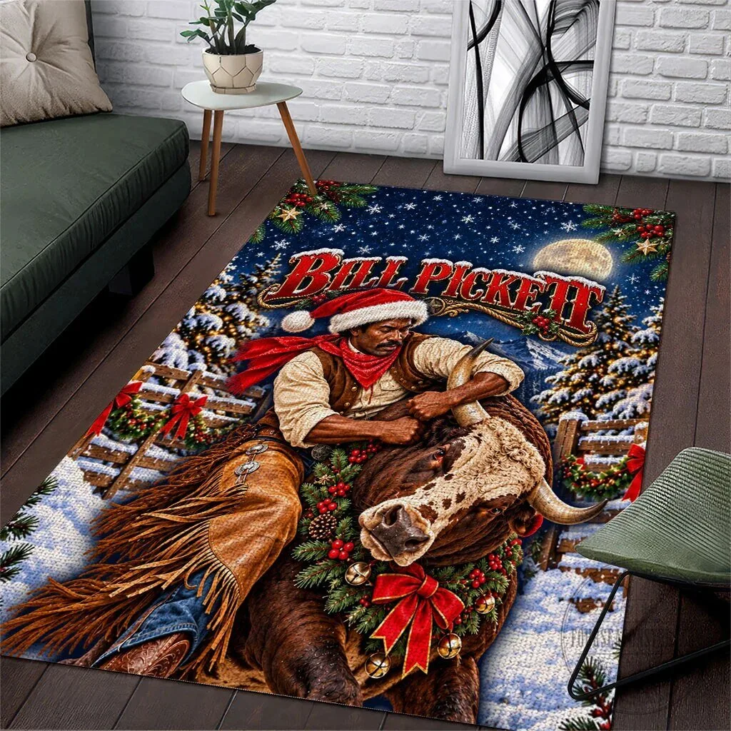 Bill Pickett Christmas Bull Rider Snowy Winter Rodeo Night Area Rug