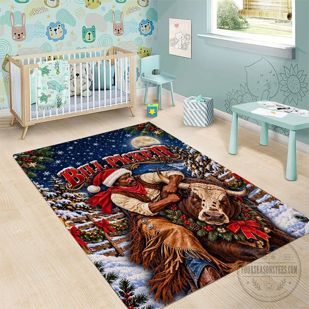 Bill Pickett Christmas Bull Rider Snowy Winter Rodeo Night Area Rug 13 Bill Pickett Christmas Bull Rider Snowy Winter Rodeo Night Area Rug