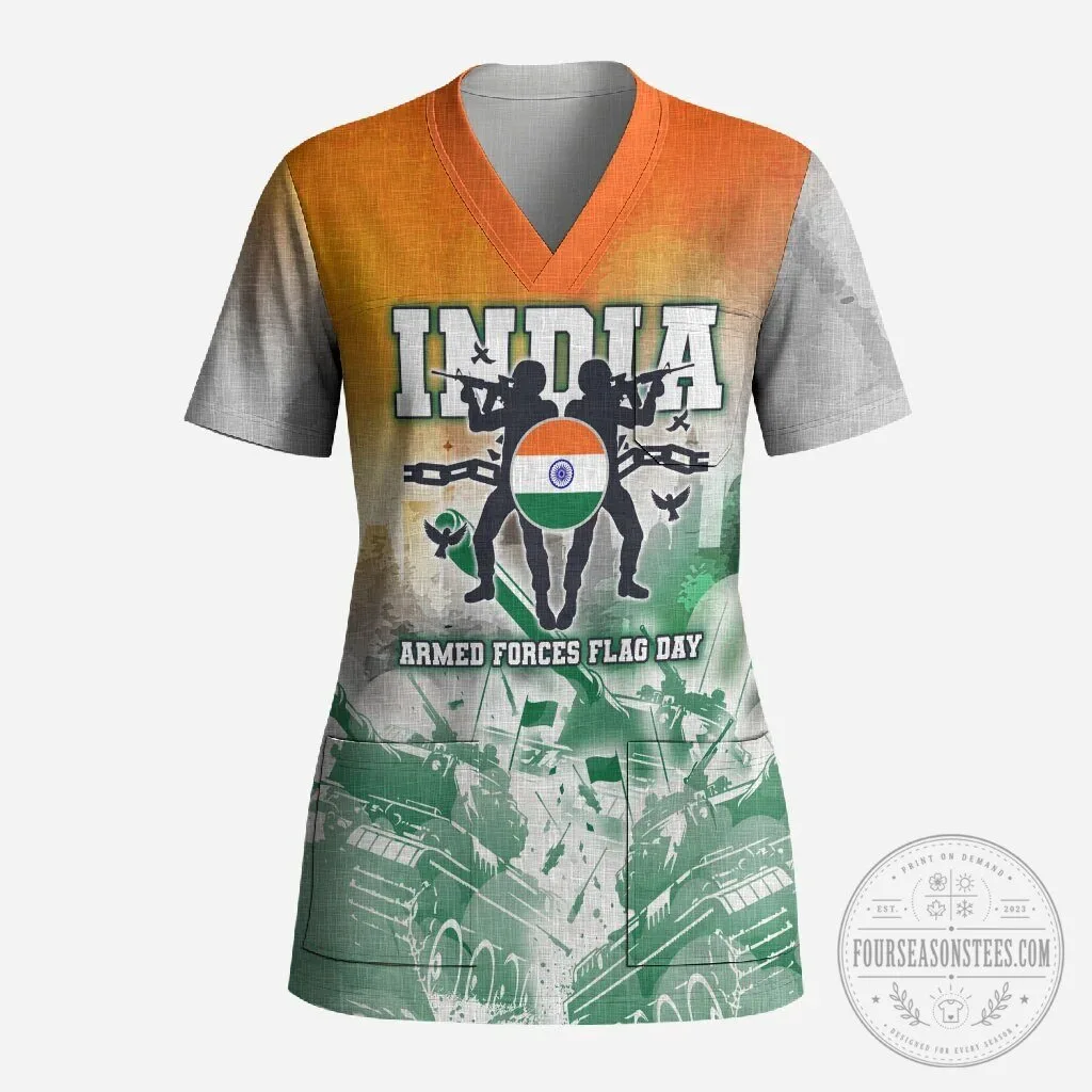 India Armed Forces Flag Day Military Silhouette Indian Flag Scrub Top