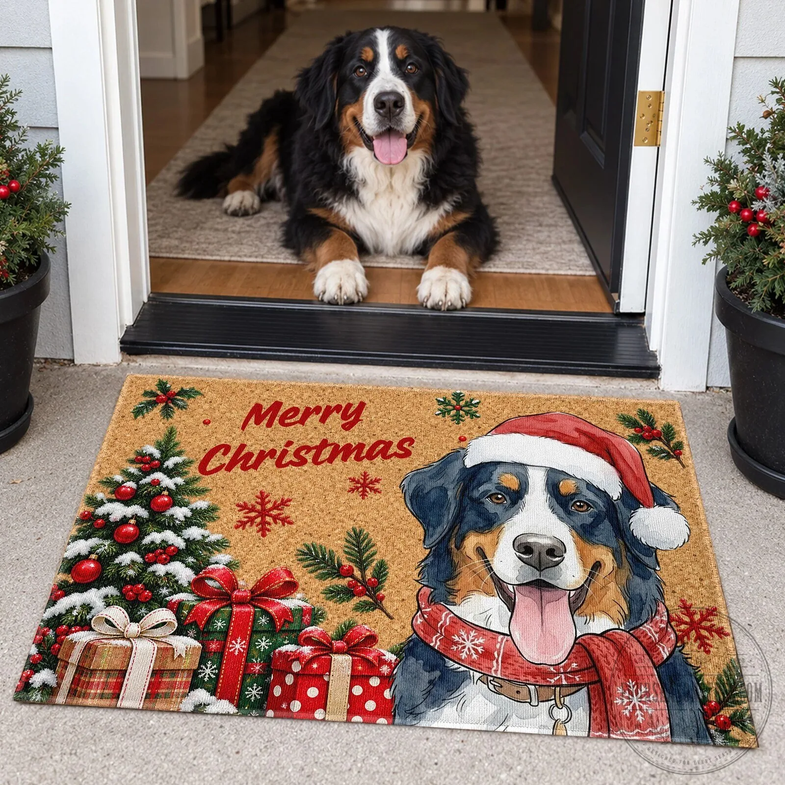 Bernese Mountain Dog Merry Christmas Holiday Personalized Doormat